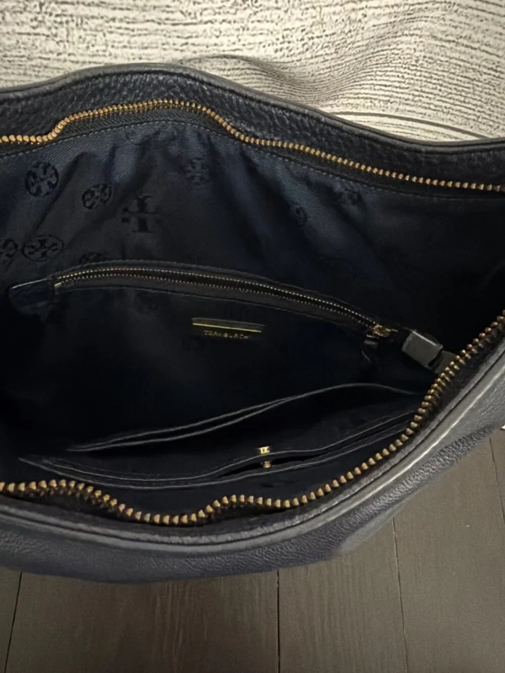 Tory Burch Navy Thea Hobo Bag With Tassel and Gold Hardware